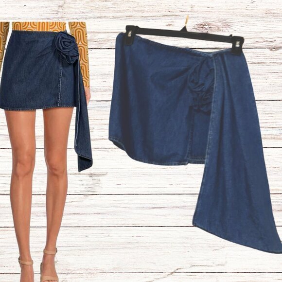 Denim Faux Wrap Skirt Rein Rosette Mini Skirt Juniors Waist 26 - Picture 1 of 3